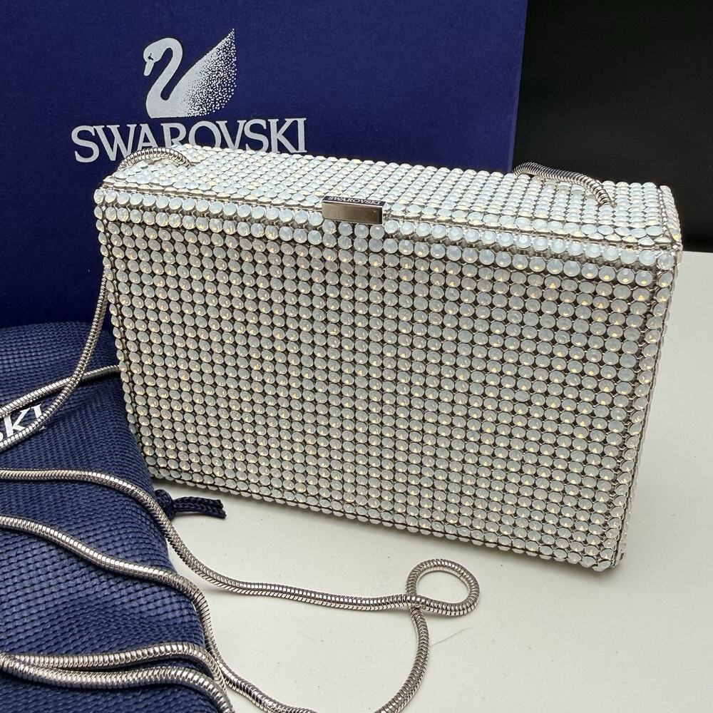 Swarovski Kiosque Minaudière Purse Clutch White Opal Crystals Snake Chain w Box